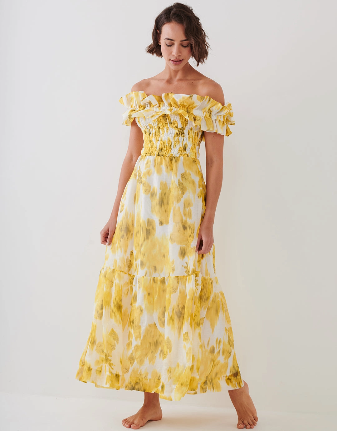 Soft Focus Florals Ruffle Bandeau Midi Dress - Vivid Yellow