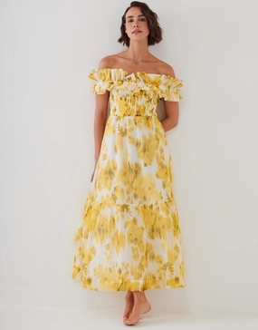 Soft Focus Florals Ruffle Bandeau Midi Dress - Vivid Yellow Swim Womens - bikinis clearance