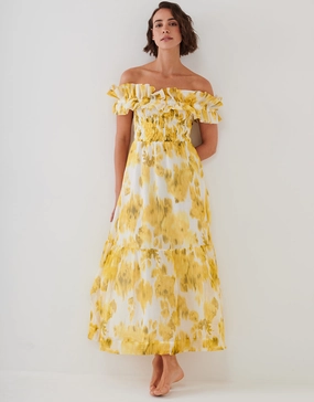 Soft Focus Florals Ruffle Bandeau Midi Dress - Vivid Yellow Swim Womens free shipping
