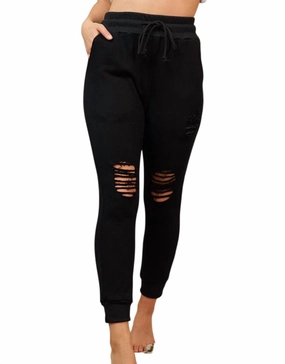 Solid Knit Distressed Fitted Jogger In Black womens palazzo trousers online