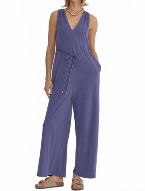 Solid V-Neck Sleeveless Jumpsuit In Indigo womens yoga pants sale
