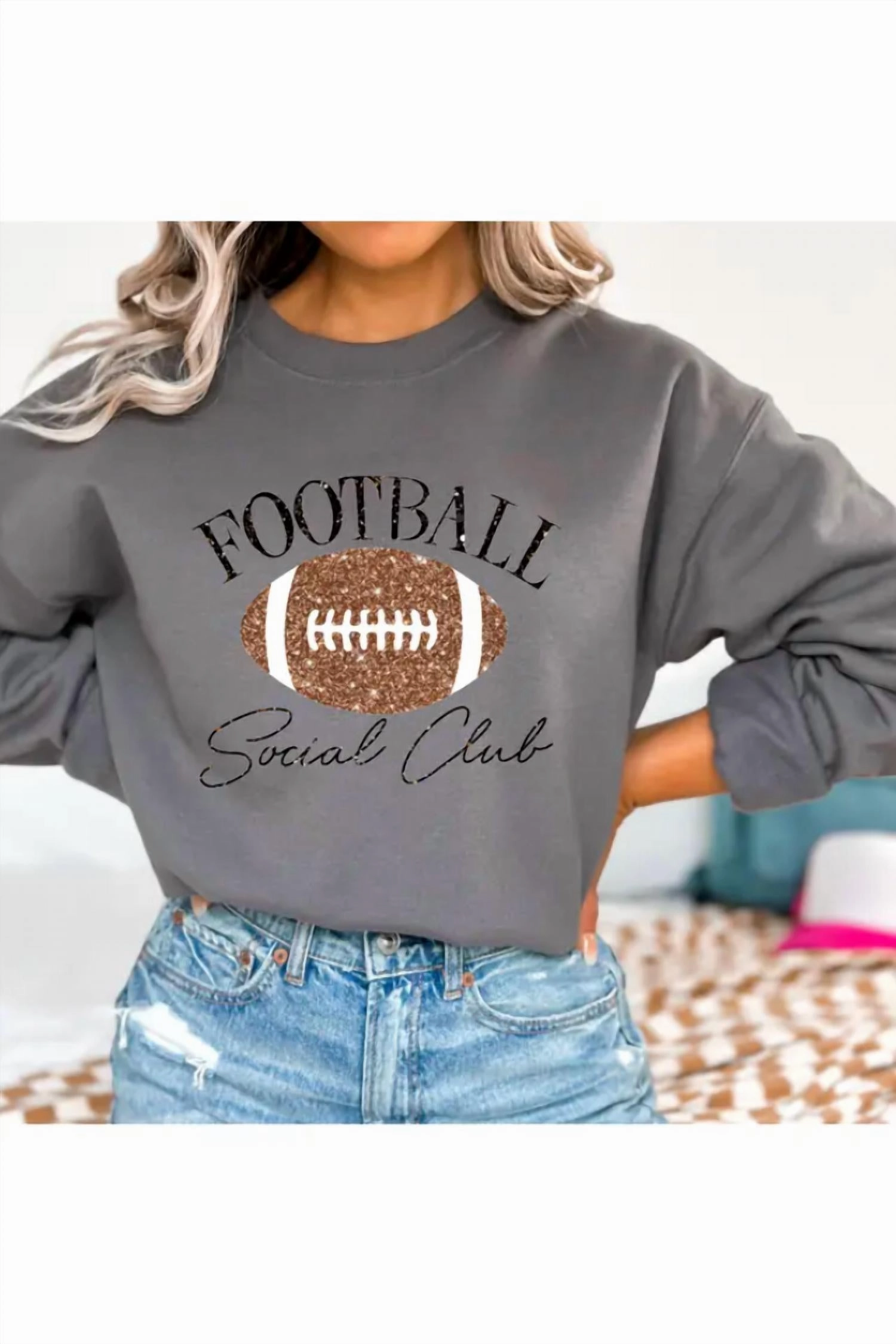 Sparkly Football Social Club Sweater In Grey Tops Womens - tie-front tops cheap