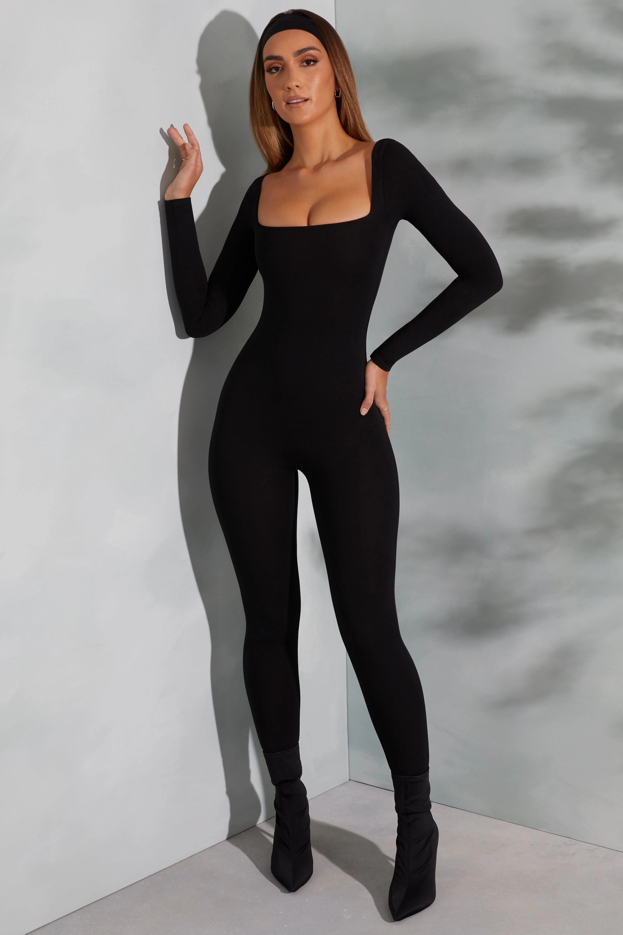 Square Neck Long Sleeve Jumpsuit in Black Tops - basic tees cheap