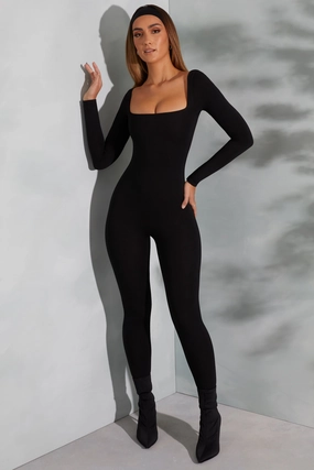 Square Neck Long Sleeve Jumpsuit in Black Tops - basic tees cheap