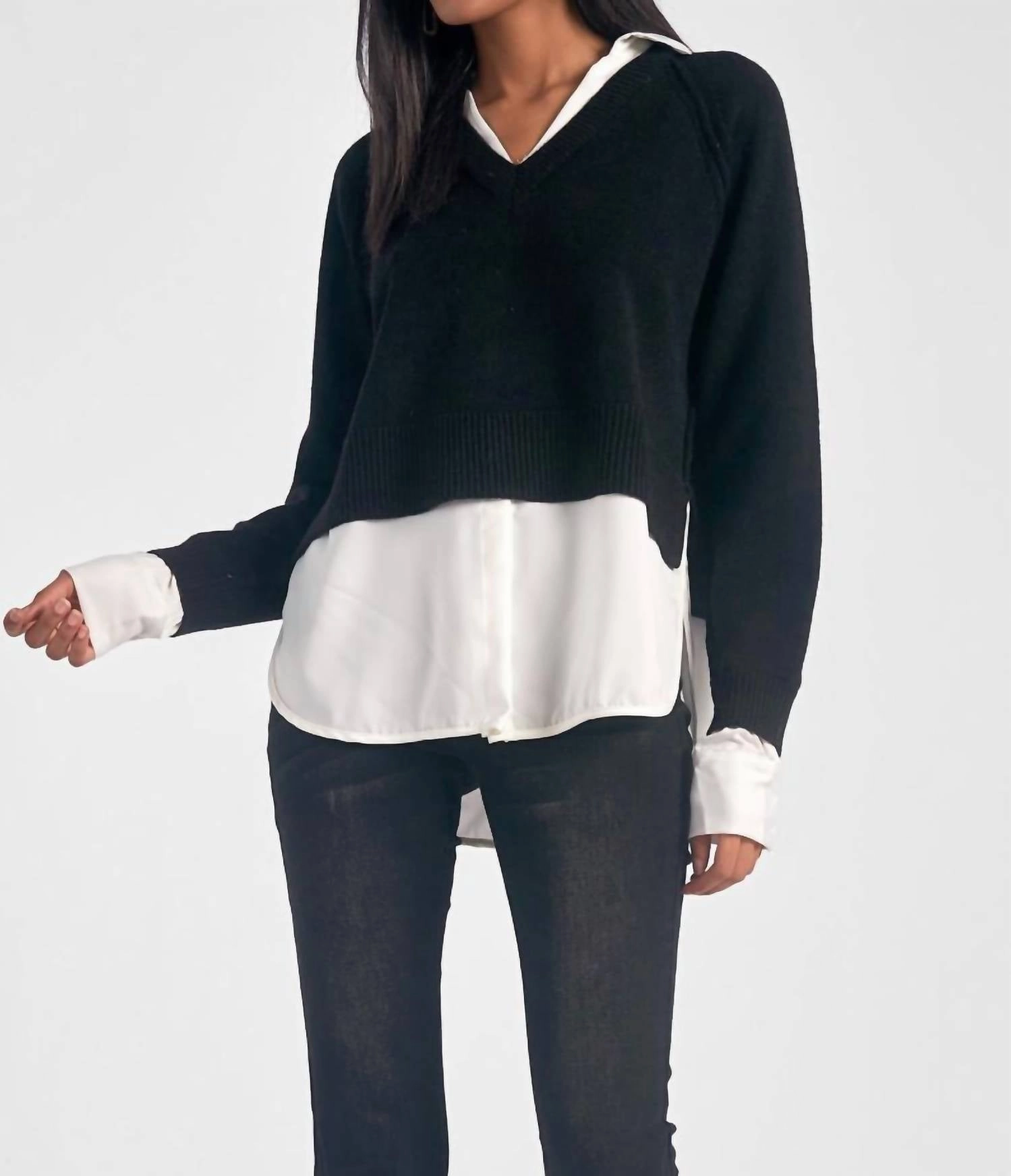 Stevie Layered Sweater/shirt Combo In Black/white