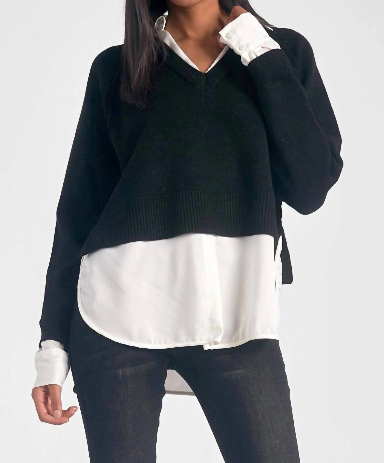 Stevie Layered Sweater/shirt Combo In Black/white Tops Womens - embroidered tops sale