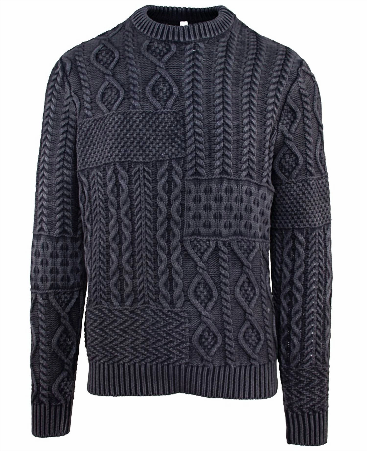 Stonewashed Cotton Patchwork Crew Sweater In Charcoal
