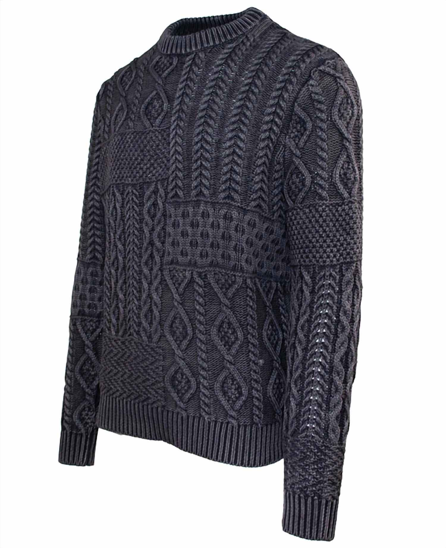 Stonewashed Cotton Patchwork Crew Sweater In Charcoal