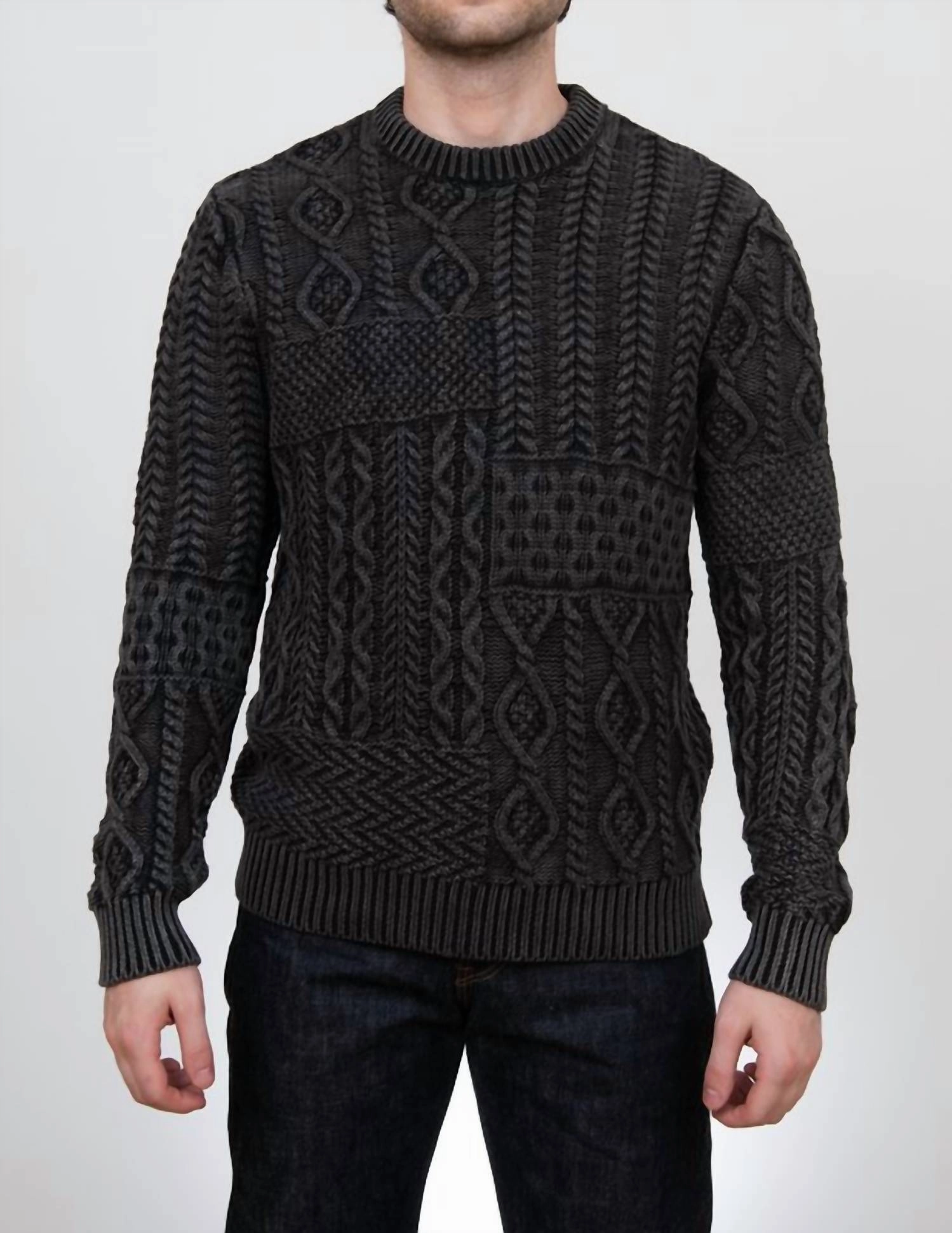 Stonewashed Cotton Patchwork Crew Sweater In Charcoal