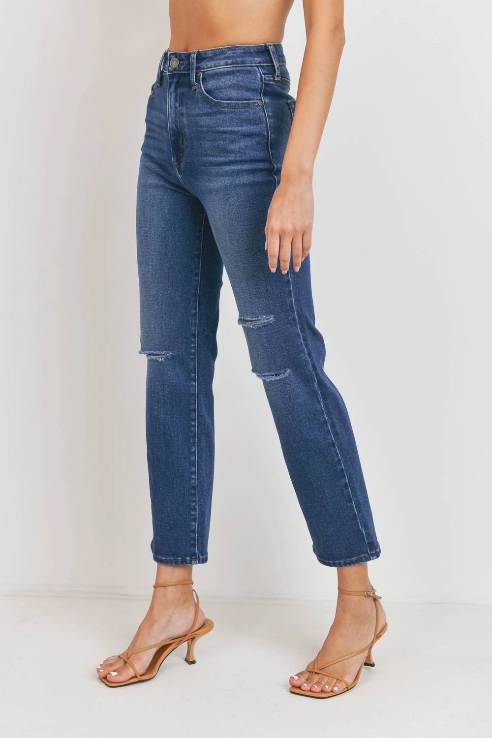 Straight Leg Knee Slit Jeans In Blue