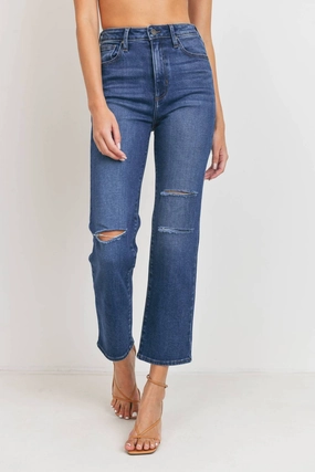 Straight Leg Knee Slit Jeans In Blue womens trousers outlet