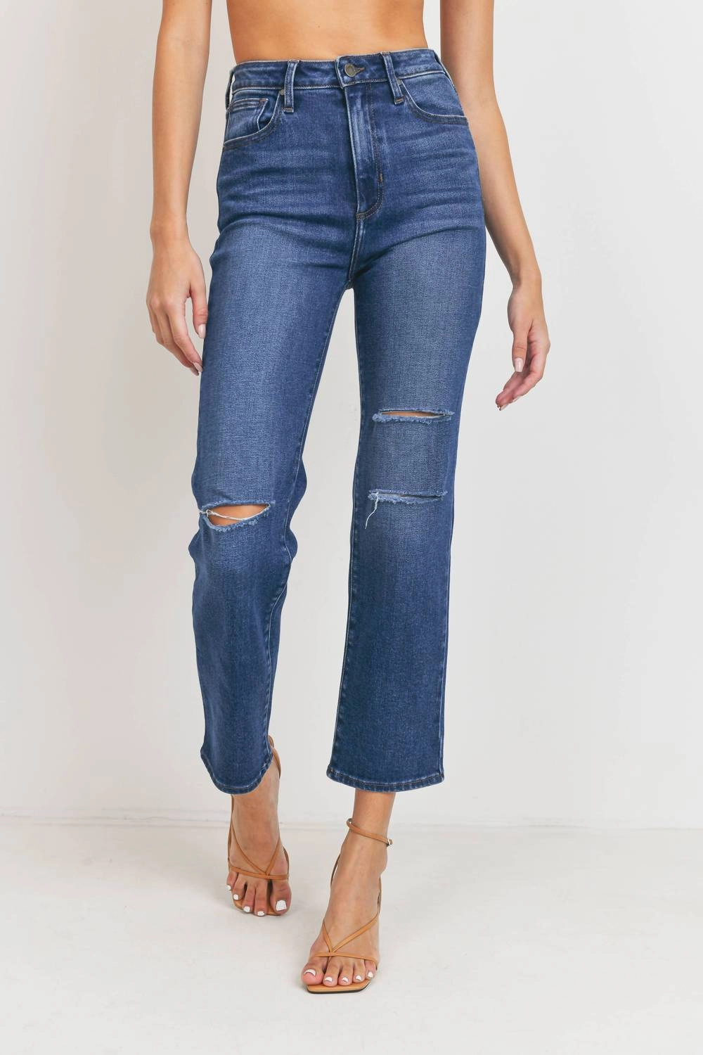 Straight Leg Knee Slit Jeans In Blue