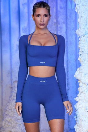 Strap Detail Long Sleeve Crop Top in Blue Tops - tops on sale