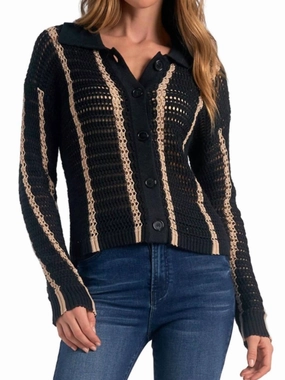 Striped Button Front Sweater In Black Tops Womens - asymmetrical tops