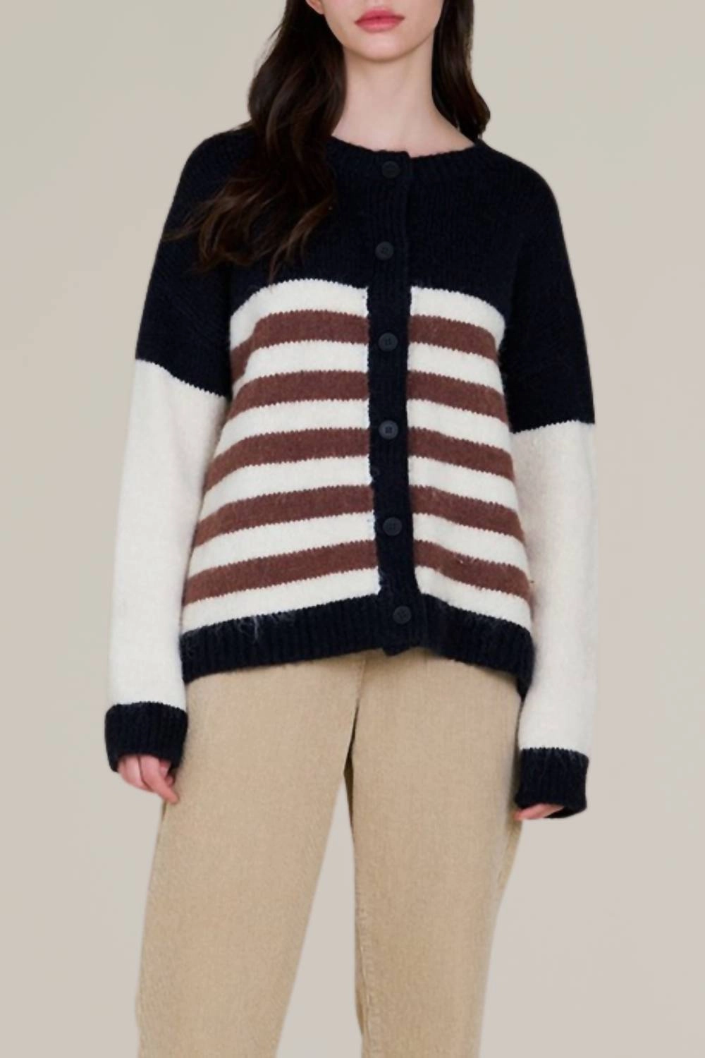 Striped Color Block Cardigan In Black/white/red Tops Womens - bodysuits clearance