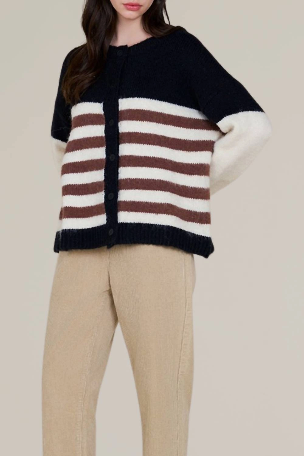 Striped Color Block Cardigan In Black/white/red