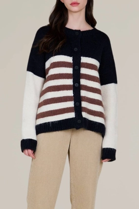 Striped Color Block Cardigan In Black/white/red Tops Womens - bodysuits clearance