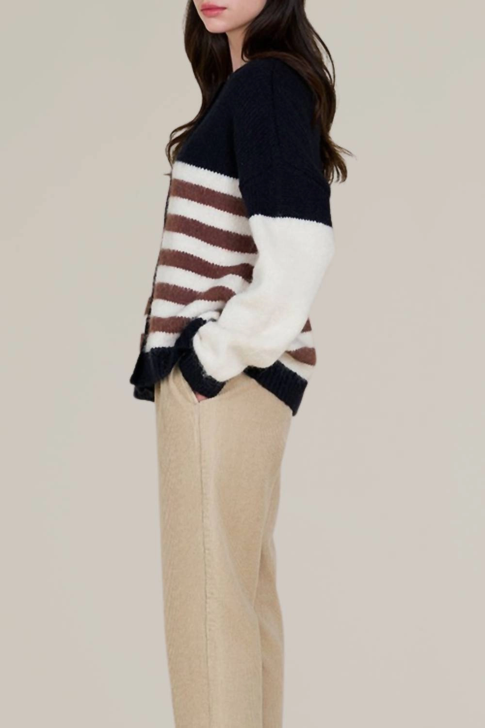 Striped Color Block Cardigan In Black/white/red