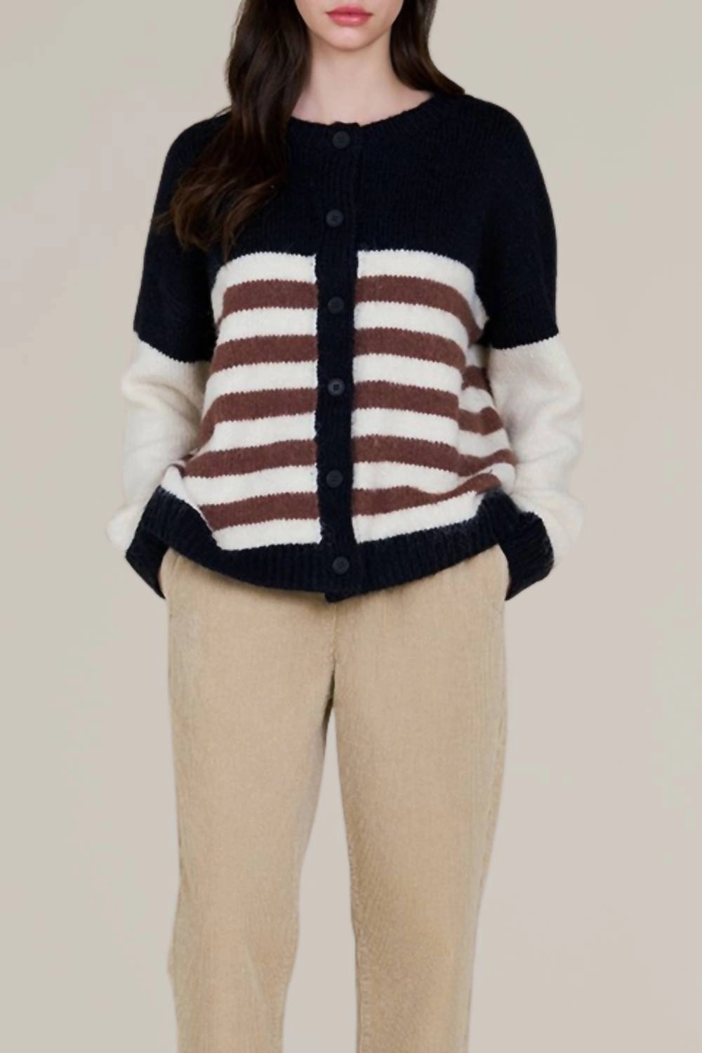 Striped Color Block Cardigan In Black/white/red