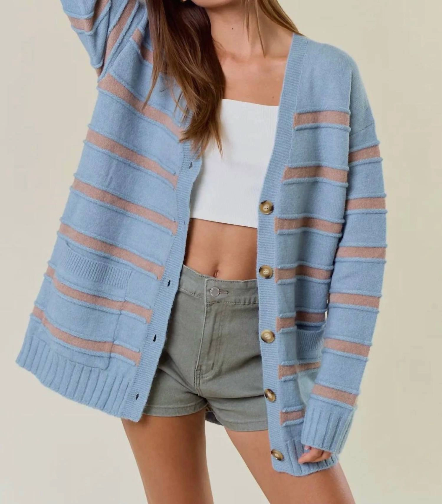 Striped Front Button Closure Aaliyah Cardigan In Dusty Blue Tops Womens - bodysuits clearance
