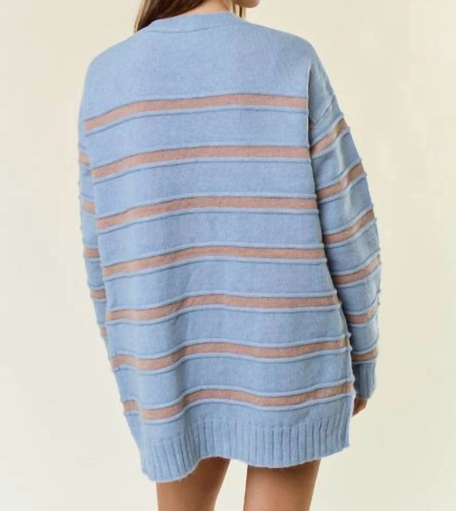 Striped Front Button Closure Aaliyah Cardigan In Dusty Blue