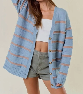Striped Front Button Closure Aaliyah Cardigan In Dusty Blue Tops Womens - bodysuits clearance