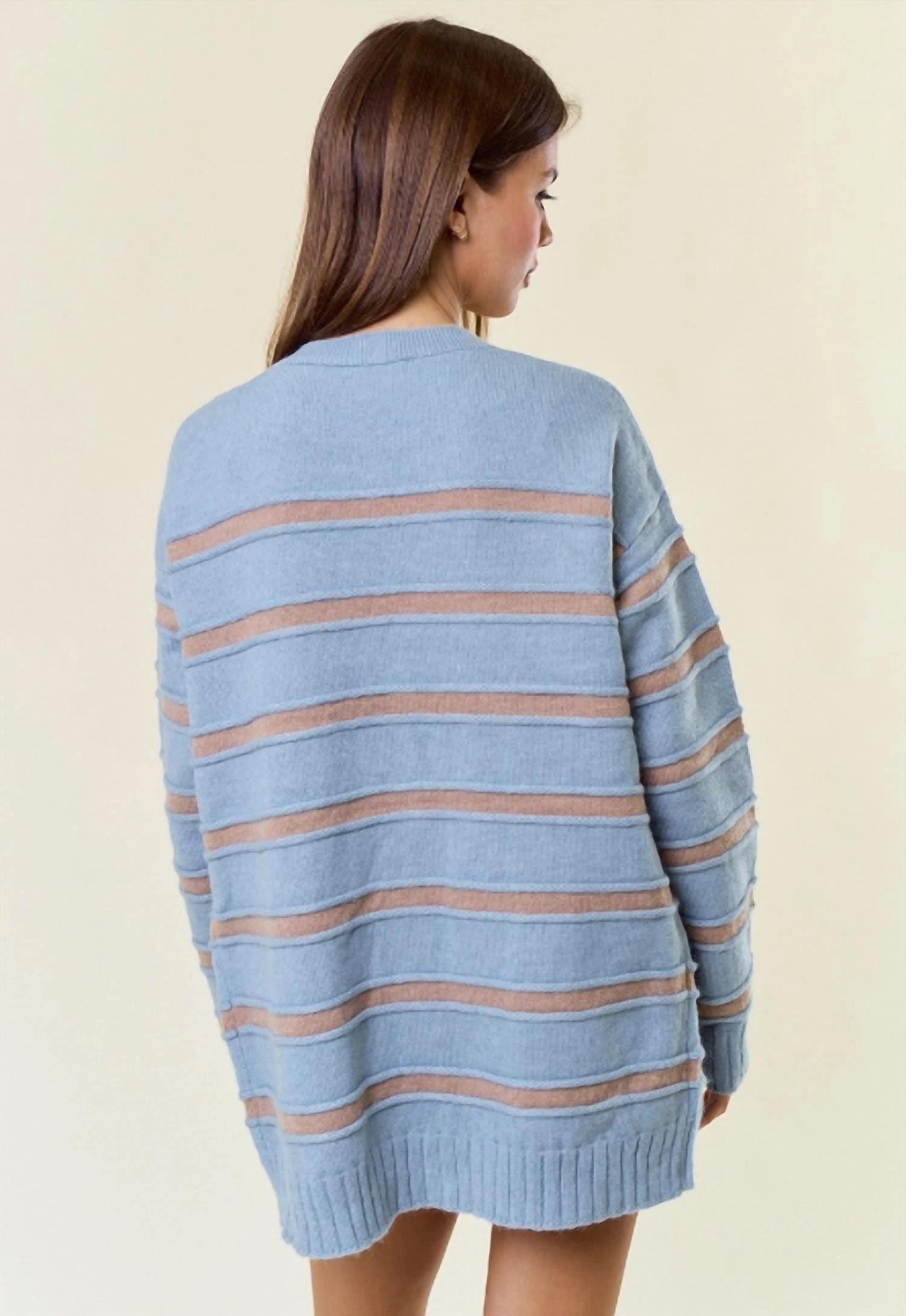 Striped Front Button Closure Aaliyah Cardigan In Dusty Blue