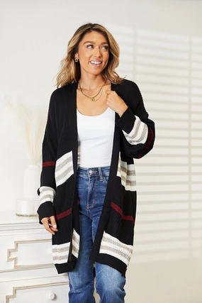 Striped Rib-Knit Drop Shoulder Open Front Cardigan Tops Womens - silk tops clearance