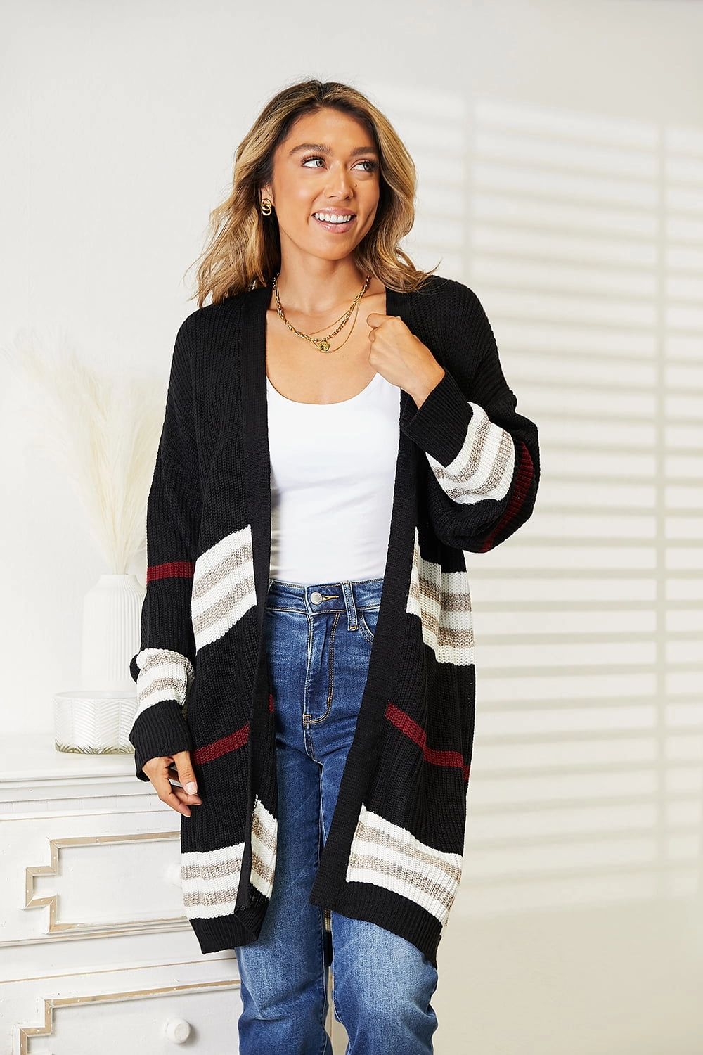 Striped Rib-Knit Drop Shoulder Open Front Cardigan Tops Womens - silk tops clearance