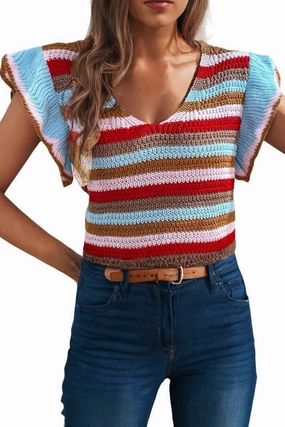 Striped V-Neck Ruffle Short Sleeve Top In Multi Tops Womens - asymmetrical tops