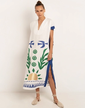 Sun Midi Kaftan  - White Green and Blue Swim Womens - bikinis clearance