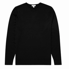 Sunspel Extra-Fine Merino Crew Neck Knit Black mens sweaters cheap