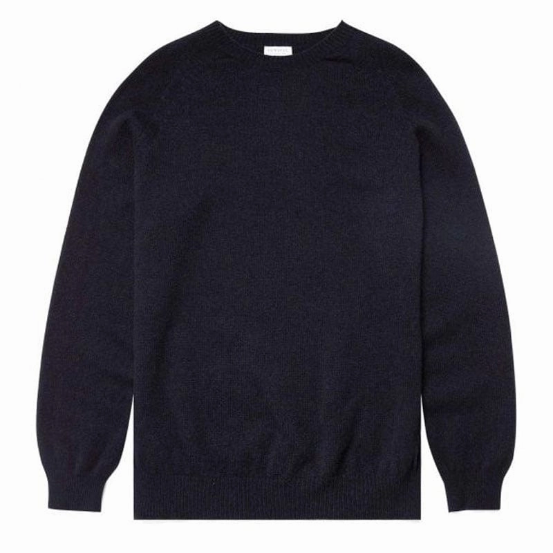 Sunspel Lambswool Crew Neck Knit Dark Navy Mouline mens sweaters cheap