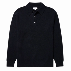 Sunspel Lambswool Polo Shirt Dark Navy Mouline mens sweaters cheap