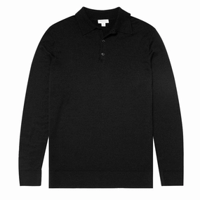 Sunspel Long Sleeve Polo Black mens sweaters cheap