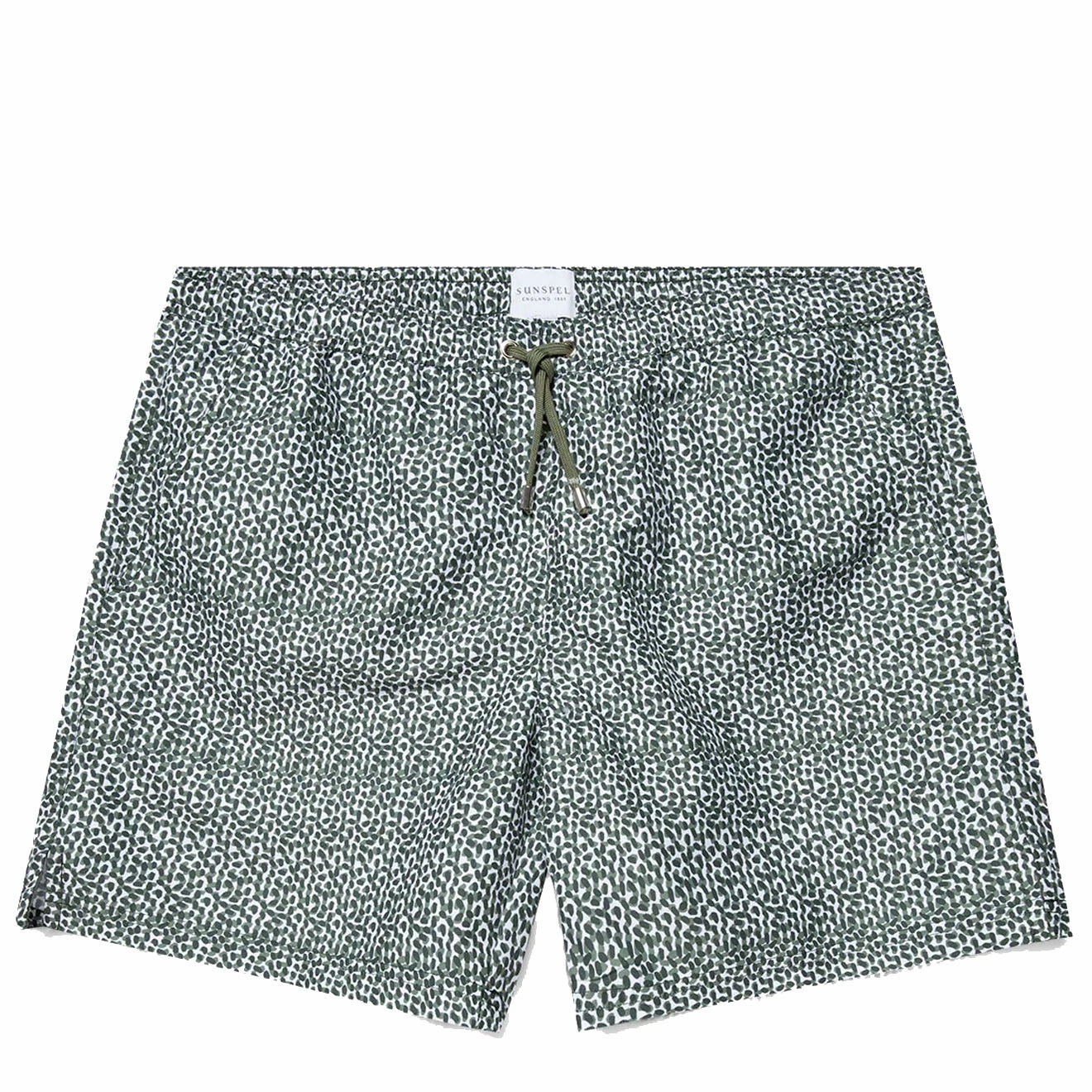 Sunspel Swim Shorts Green Painted Spot Print mens shorts outlet store