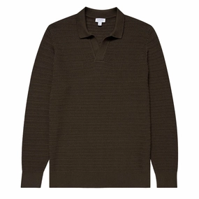 Sunspel Textured Cotton L/S Polo Knitwear Khaki mens t-shirts outlet