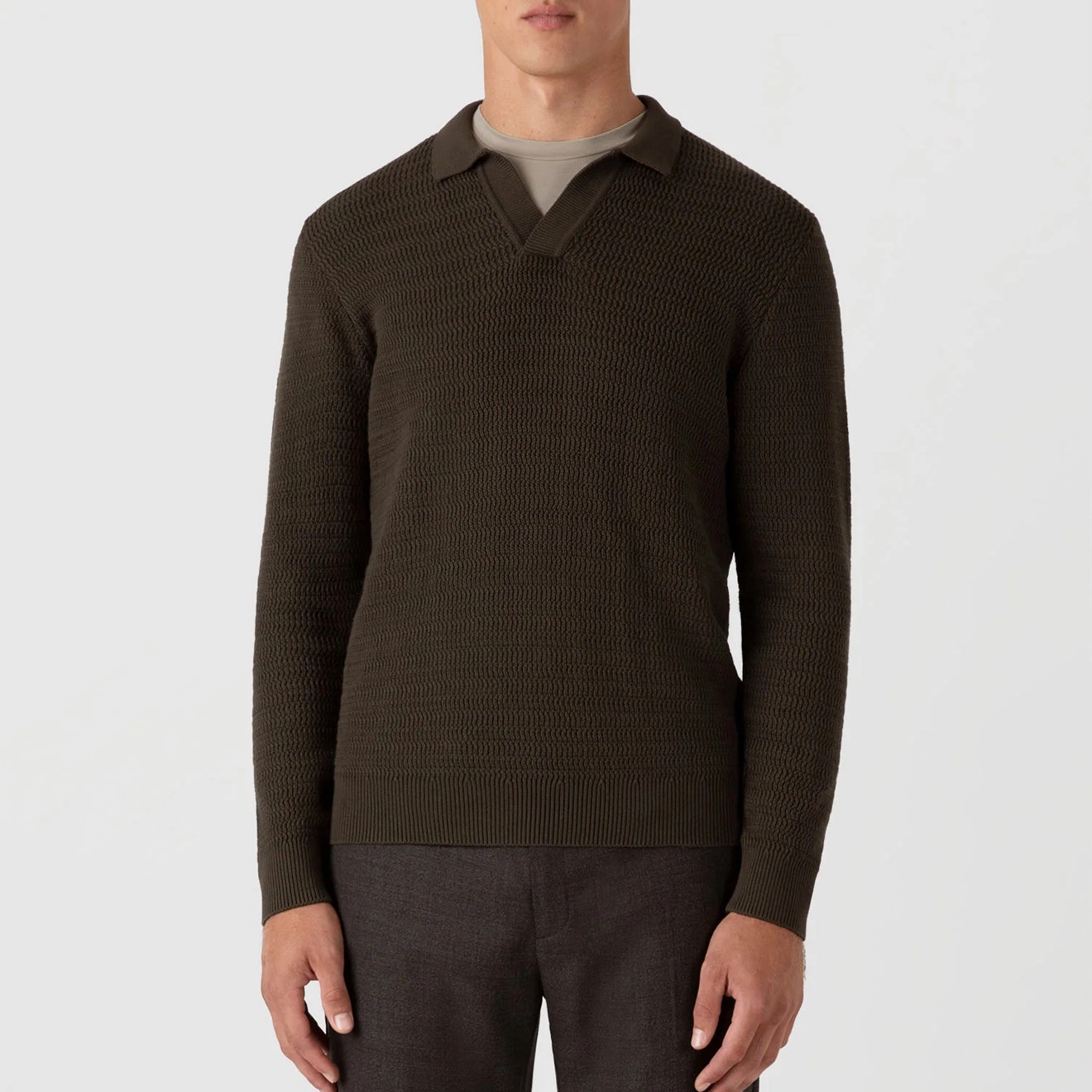 Sunspel Textured Cotton L/S Polo Knitwear Khaki