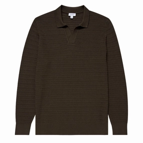 Sunspel Textured Cotton L/S Polo Knitwear Khaki mens sweaters cheap