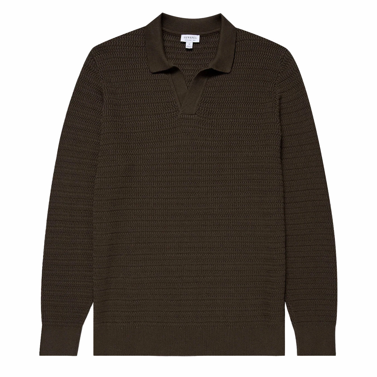 Sunspel Textured Cotton L/S Polo Knitwear Khaki mens t-shirts outlet