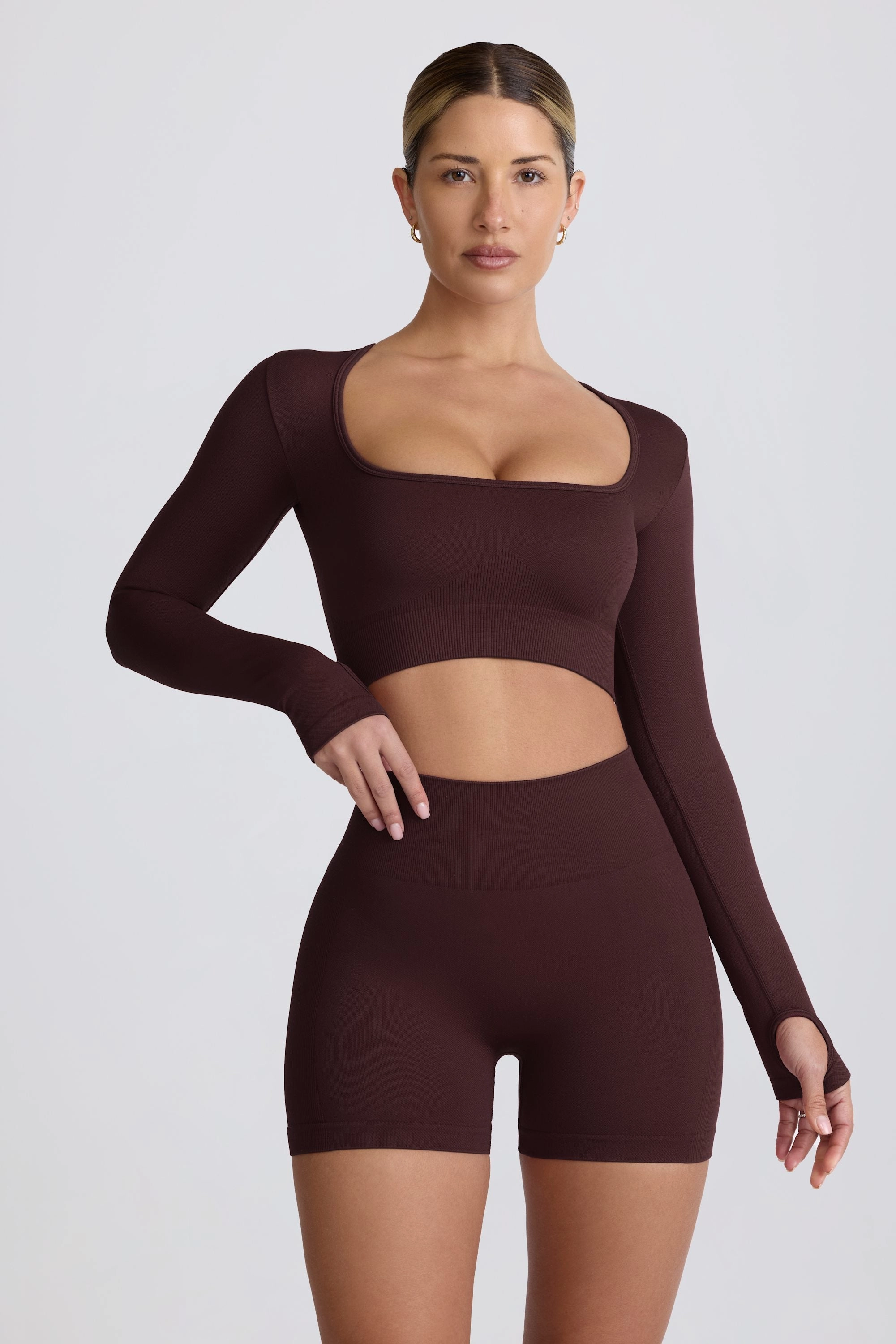 Super Sculpt Seamless Long-Sleeve Crop Top in Chocolate Tops - tops on sale