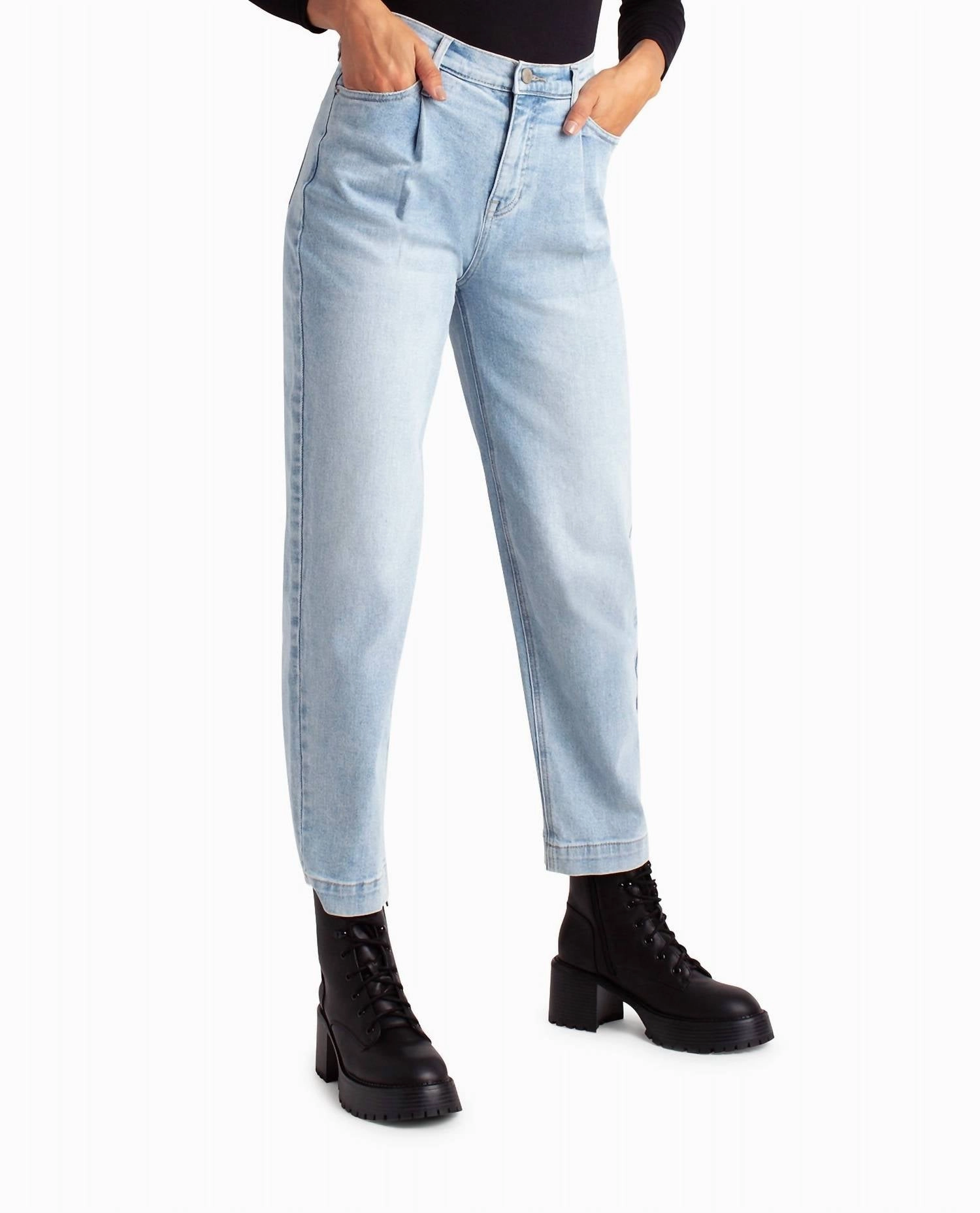 Sutton Place High Rise Pleated Taper Jean In Light Blue