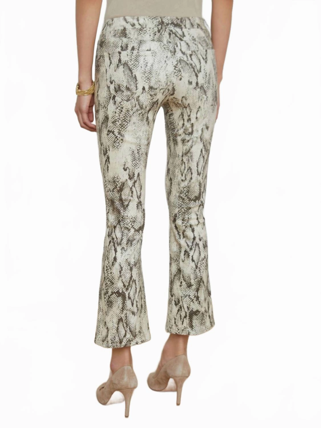 Tati High Rise Crop Micro Boot Jean In Tan Multi Snake Coated