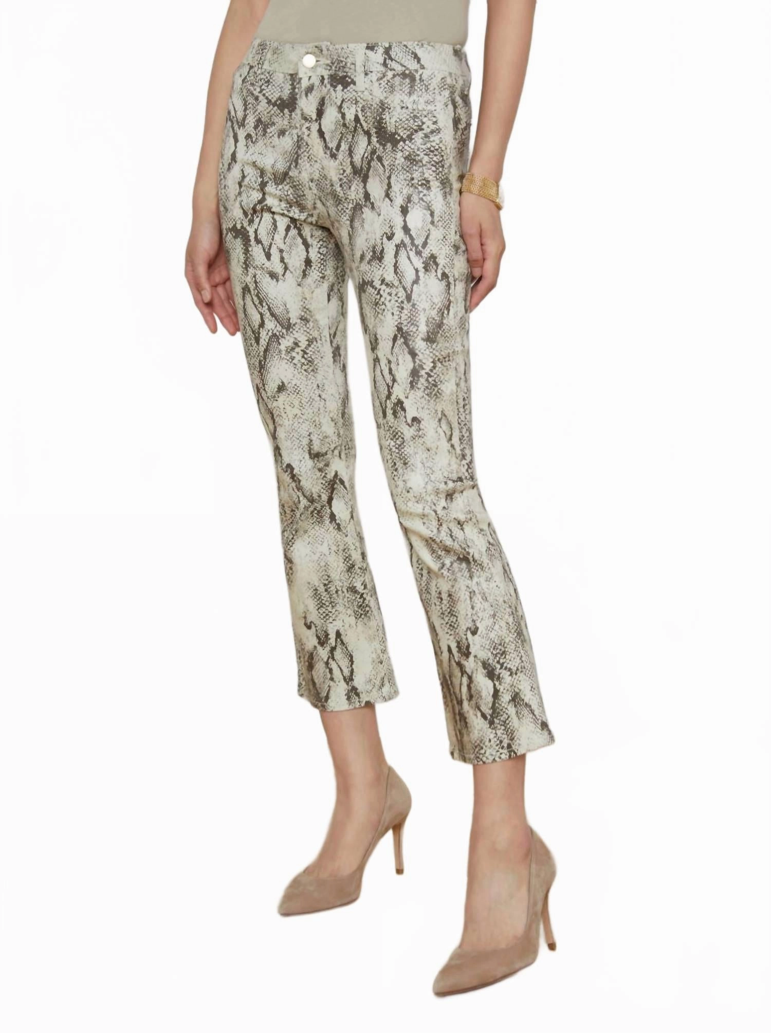 Tati High Rise Crop Micro Boot Jean In Tan Multi Snake Coated