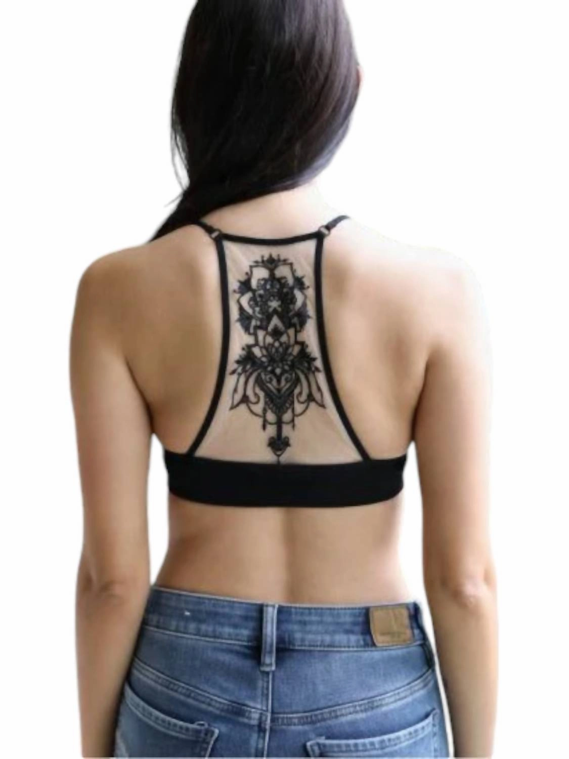 Tattoo Mesh Racerback Bralette In Black