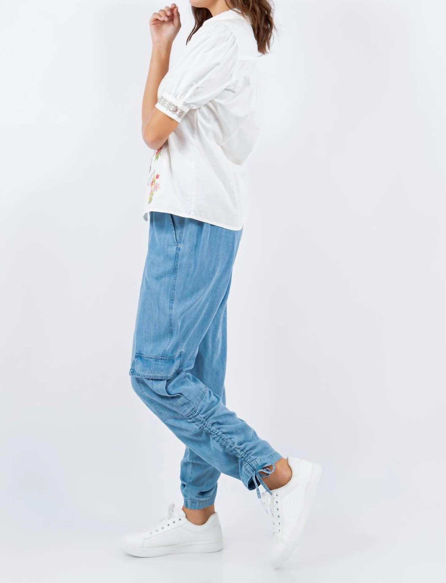 Tencel Denim Cinched Cargo Pant In Light Wash