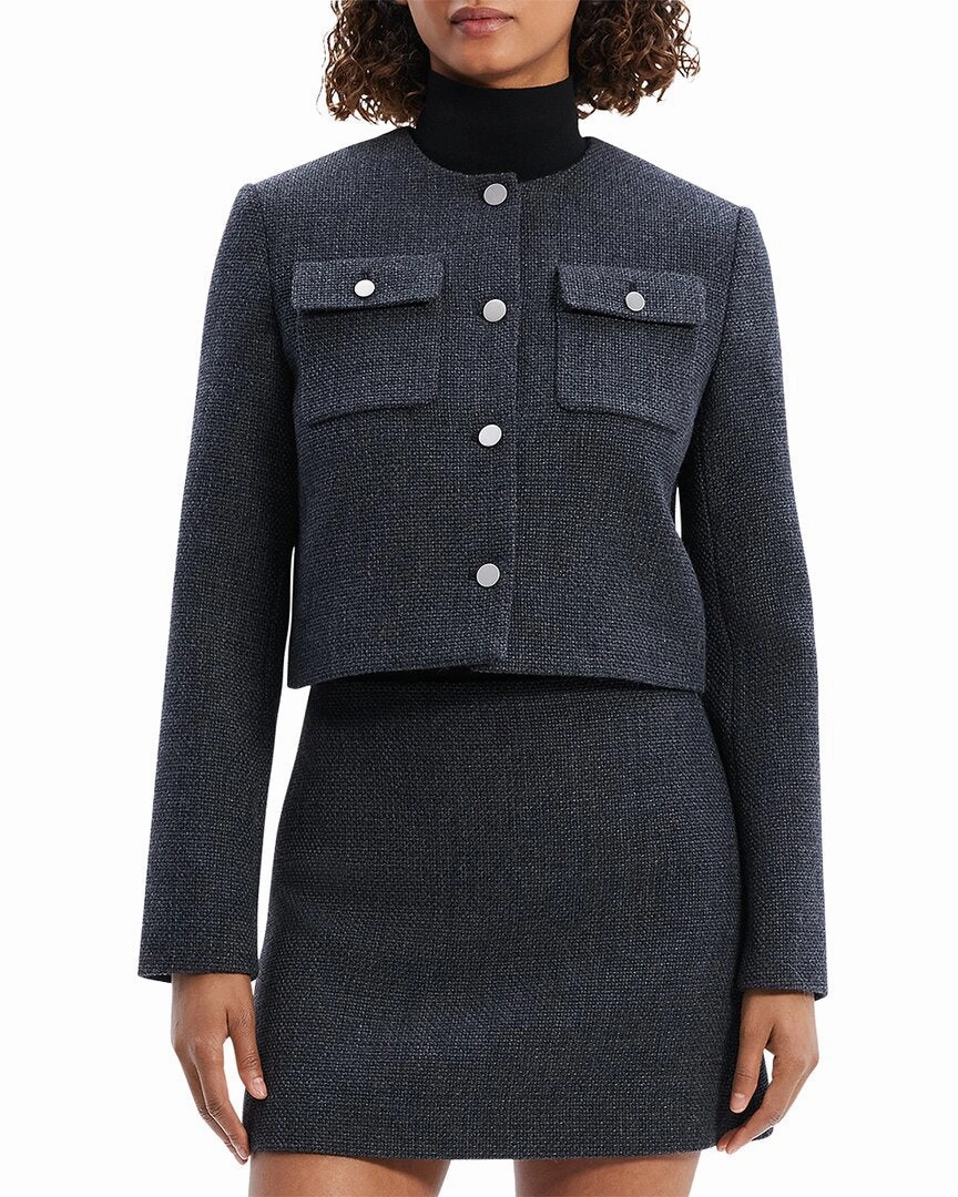 Theory Tweed Wool-Blend Cardigan Jacket Tops Womens - puff-sleeve tops