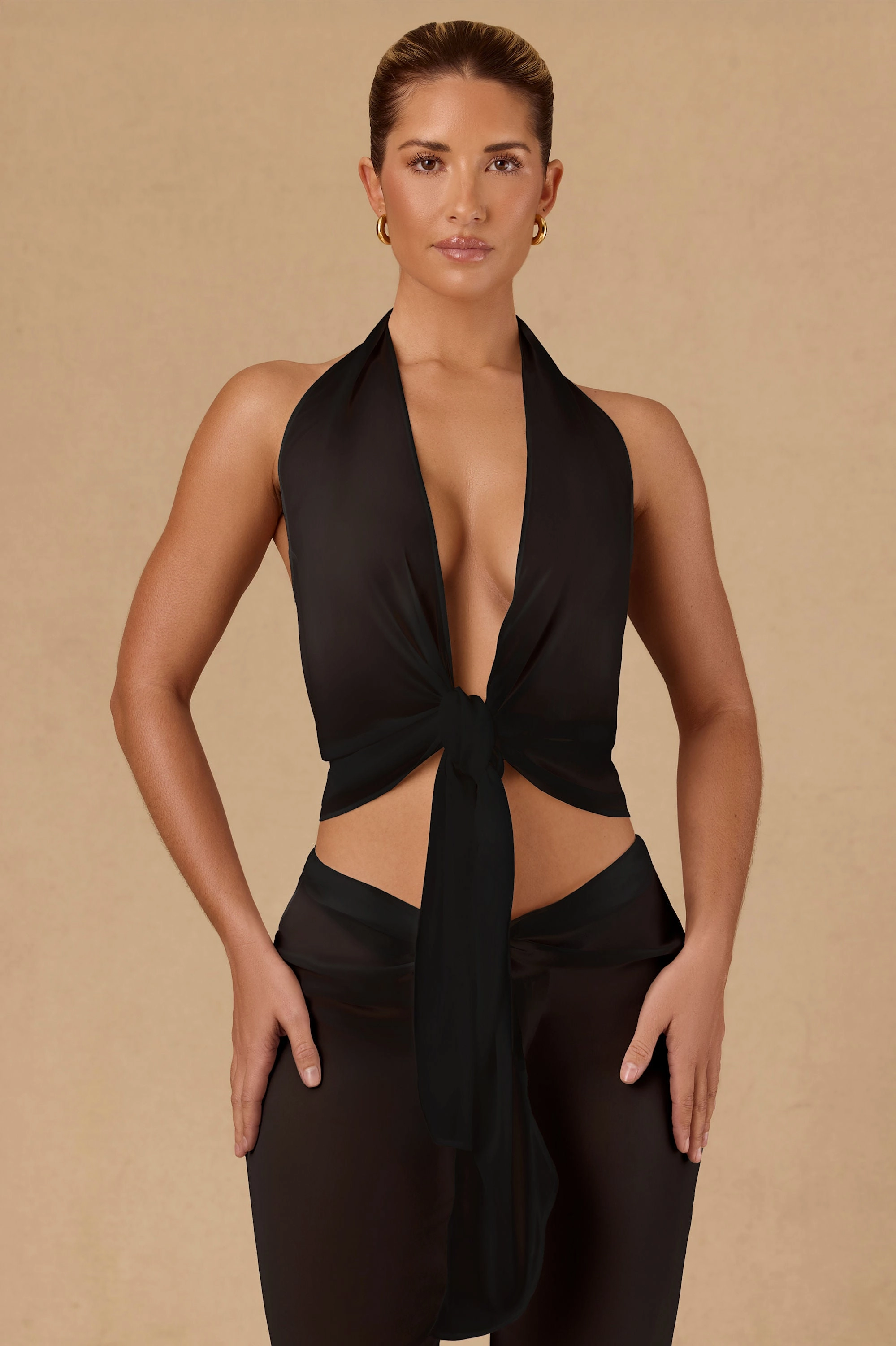 Tie-Front Halterneck Crop Top in Black Tops - tops on sale