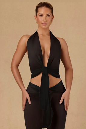 Tie-Front Halterneck Crop Top in Black Tops - tops on sale