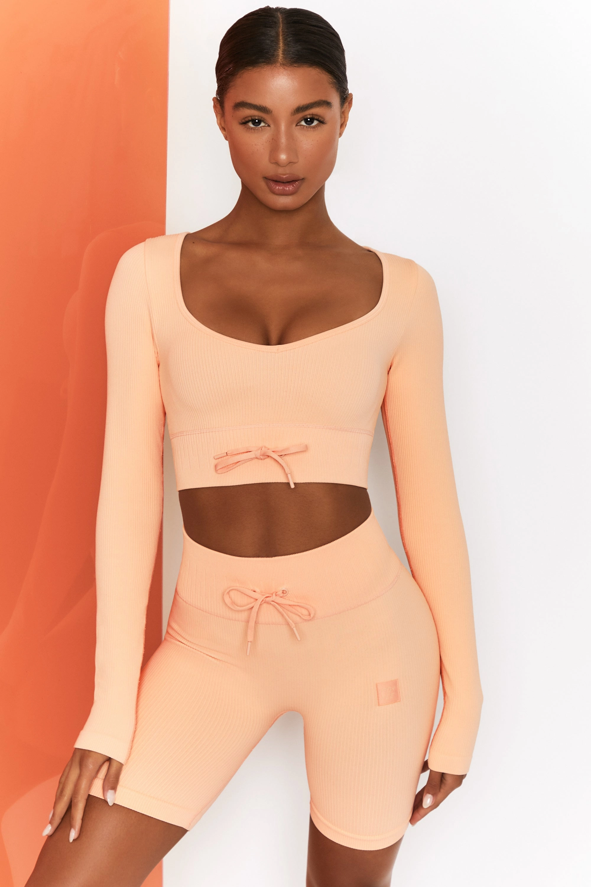 Time Check Ribbed Long Sleeve Crop Top in Peach